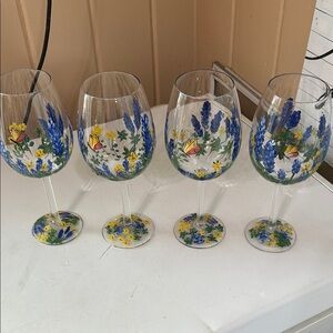 Hand-Painted Floral Wine Glasses w/Butterflies - Bluebonnets & Yellow flowers